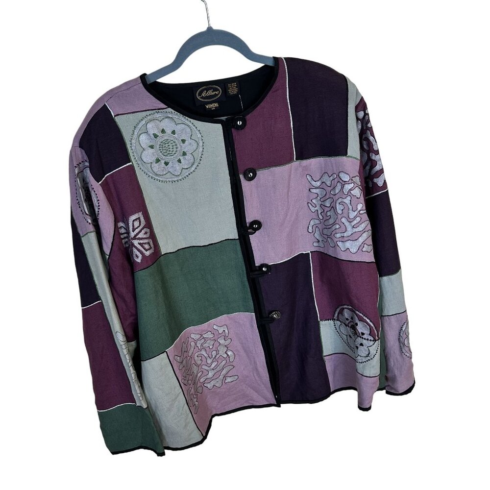 Boho Patchwork Button Up Jacket Womens 3X Rayon & Cotton Purple Embroidered